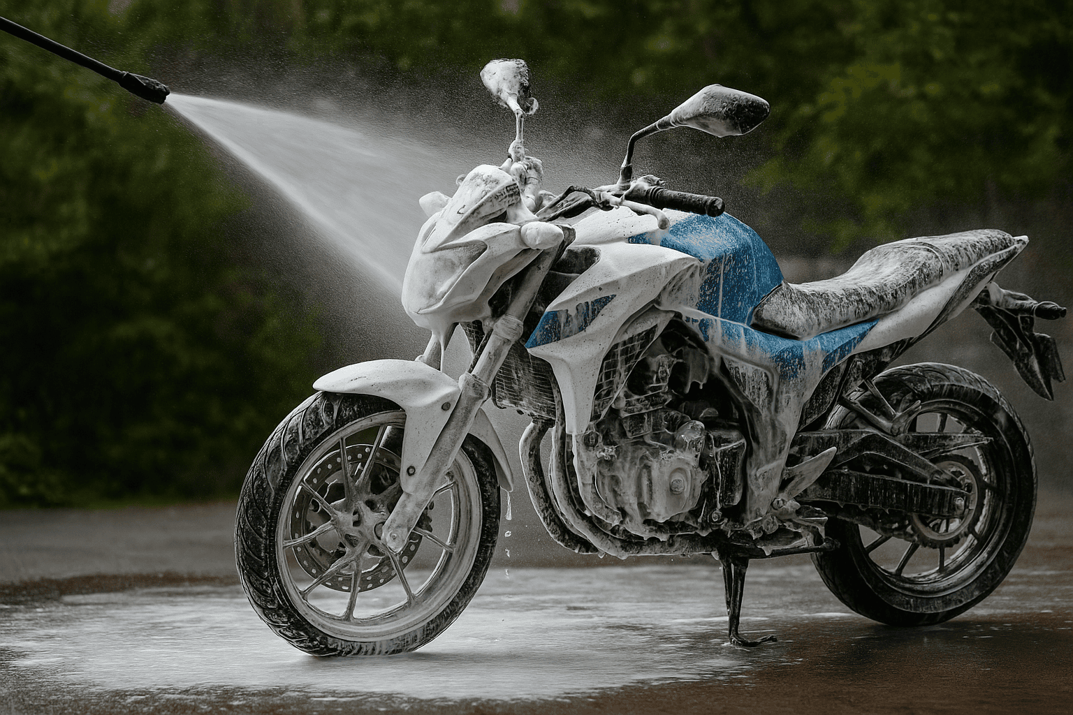 Premium bike wash with rich foam and sparkling shine at Mannar Car Wash.